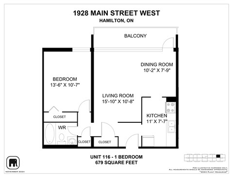 A floor plan for a unit at 1928 Main Street West in Hamilton, Ontario, Canada.